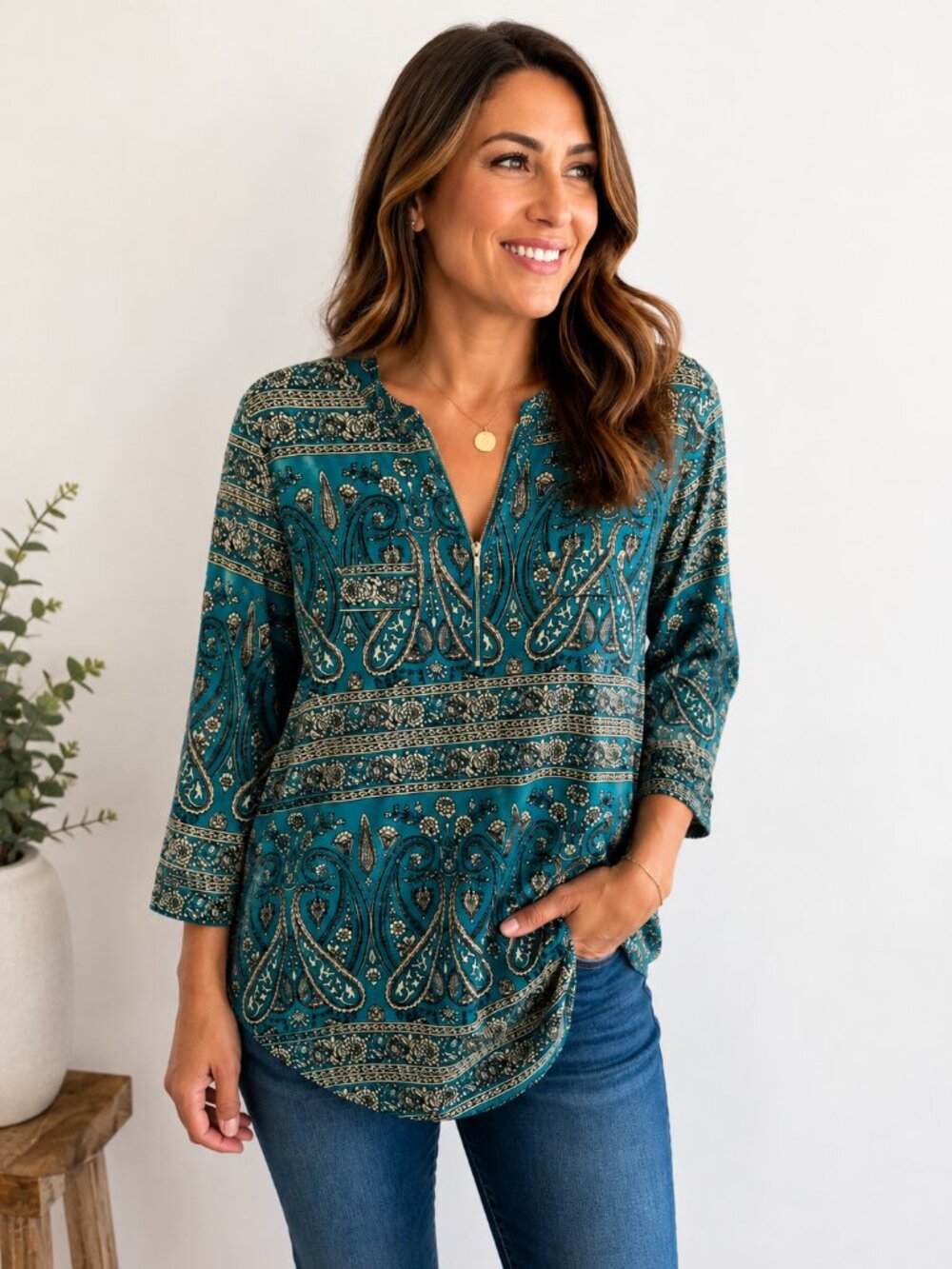 Ninedaily Teal Paisley Zip Neck Tunic Blouse | Size Large | 3/4 Sleeve Boho Top